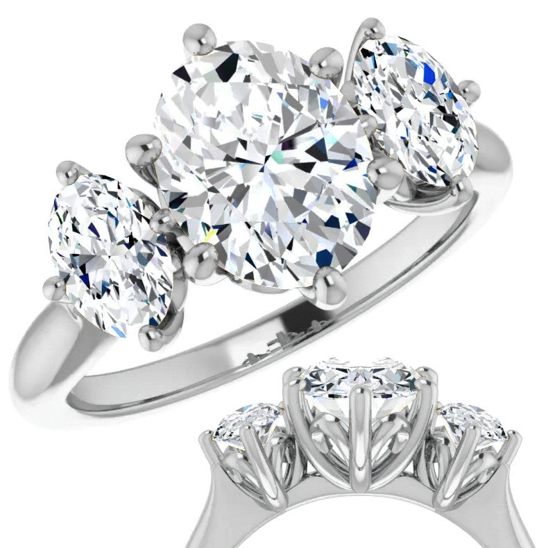 Oval Moissanite Heart Accented 3-Stone Ring