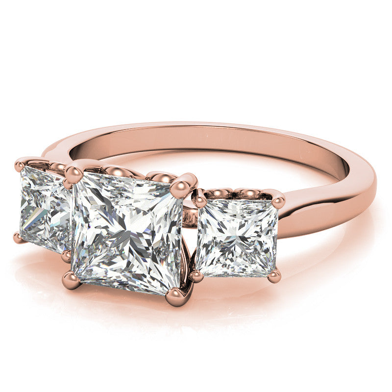 Princess Moissanite Heart Accented 3-Stone Ring