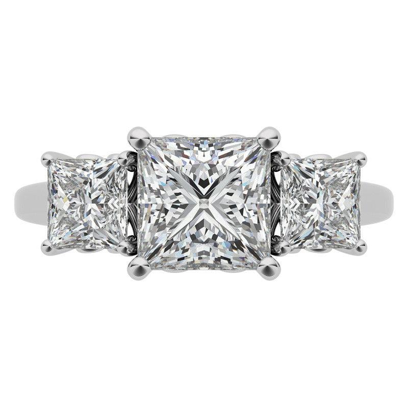 Princess Moissanite Heart Accented 3-Stone Ring