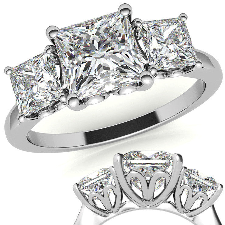 Princess Moissanite Heart Accented 3-Stone Ring