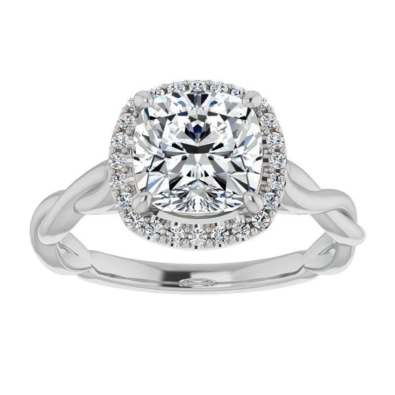Cushion Moissanite Twisted Cathedral Halo Engagement Ring