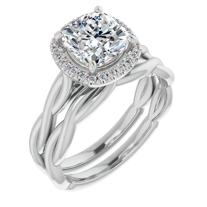 Cushion Moissanite Twisted Cathedral Halo Engagement Ring