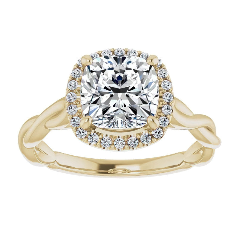 Cushion Moissanite Twisted Cathedral Halo Engagement Ring