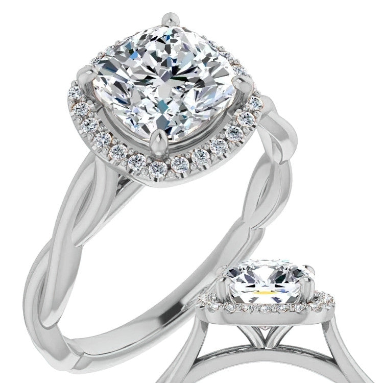 Cushion Moissanite Twisted Cathedral Halo Engagement Ring