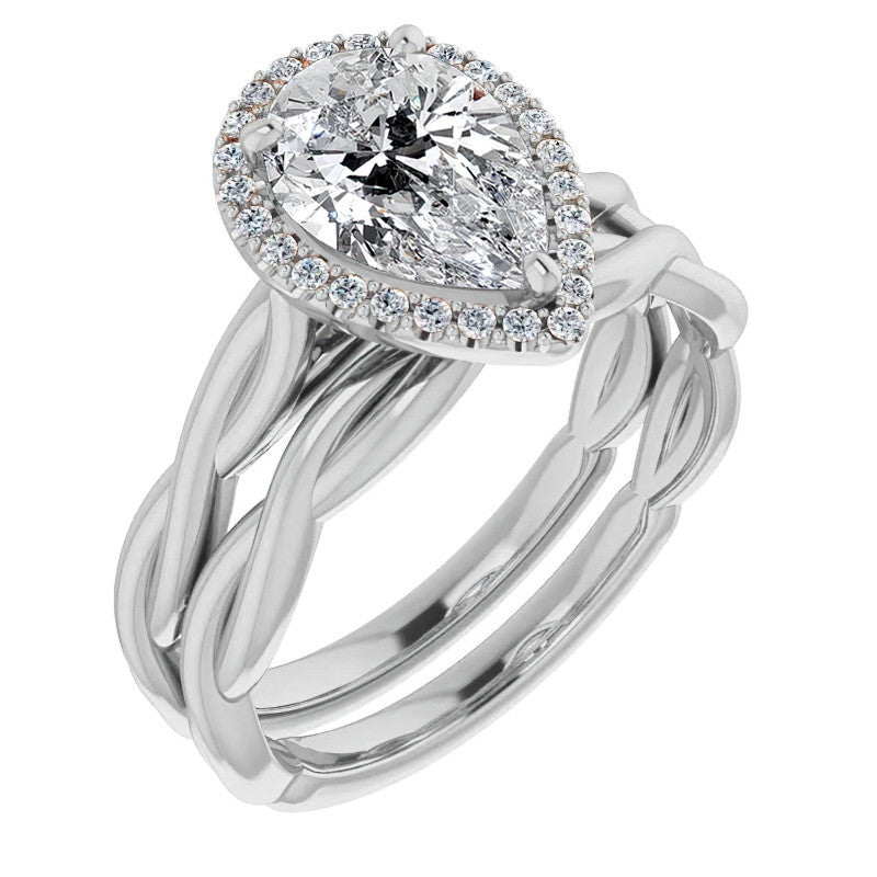 Pear Twisted Cathedral Moissanite Halo Engagement Ring