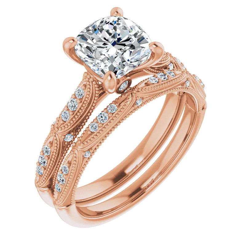 Cushion Moissanite Scalloped Engagement Ring with Milgrain