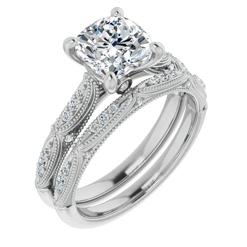Cushion Moissanite Scalloped Engagement Ring with Milgrain