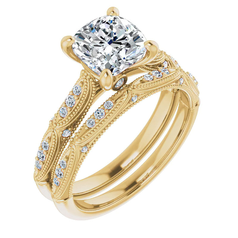 Cushion Moissanite Scalloped Engagement Ring with Milgrain