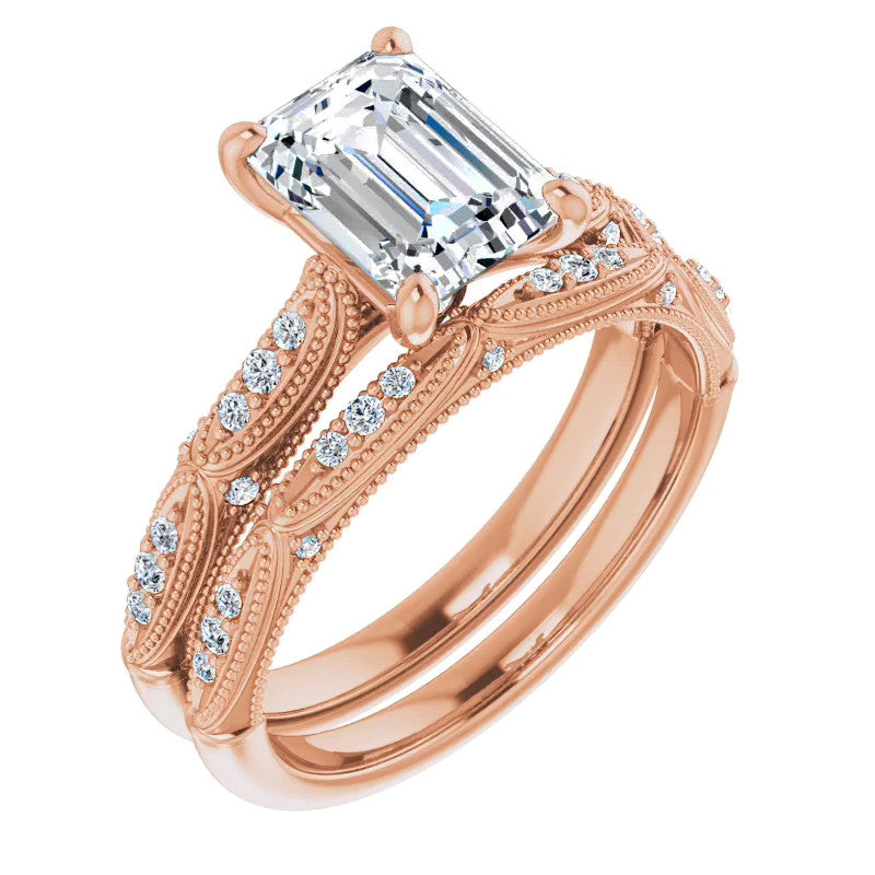 Emerald / Radiant Cathedral Milgrain Engagement Ring