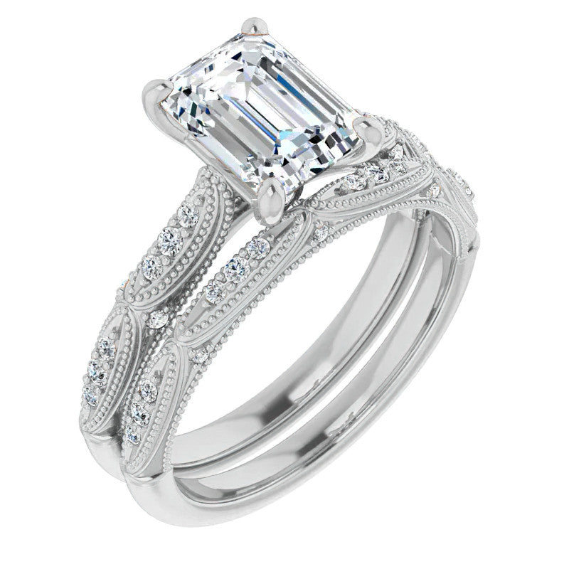 Emerald / Radiant Cathedral Milgrain Engagement Ring