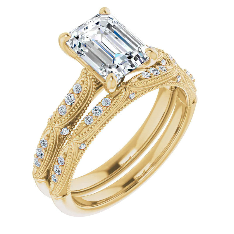 Emerald / Radiant Cathedral Milgrain Engagement Ring