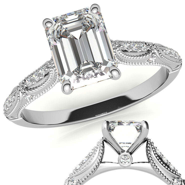 Emerald / Radiant Cathedral Milgrain Engagement Ring