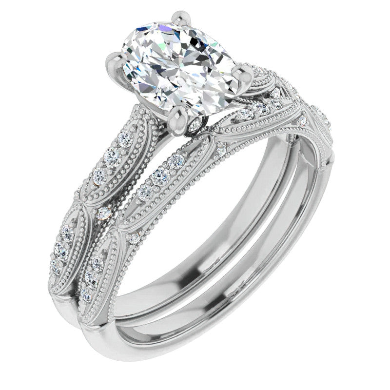 Oval Moissanite Scalloped Engagement Ring with Milgrain