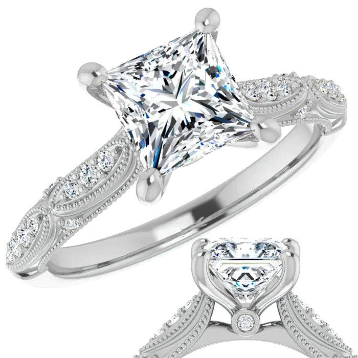 Princess Moissanite Scalloped Engagement Ring with Milgrain