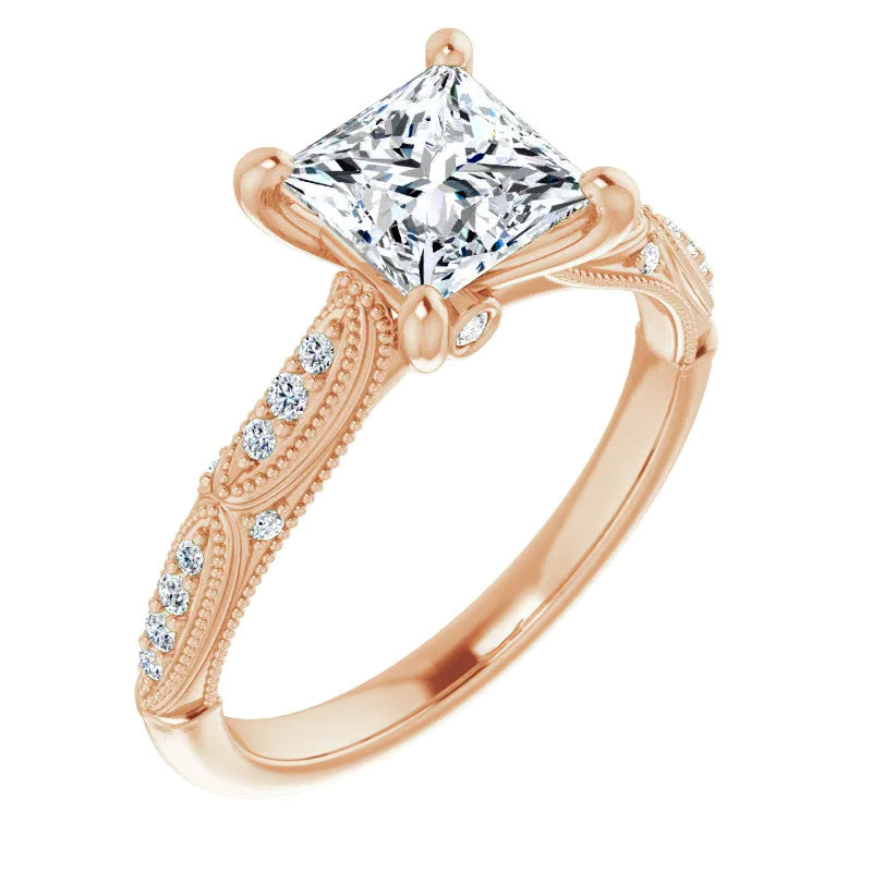 Princess Moissanite Scalloped Engagement Ring with Milgrain