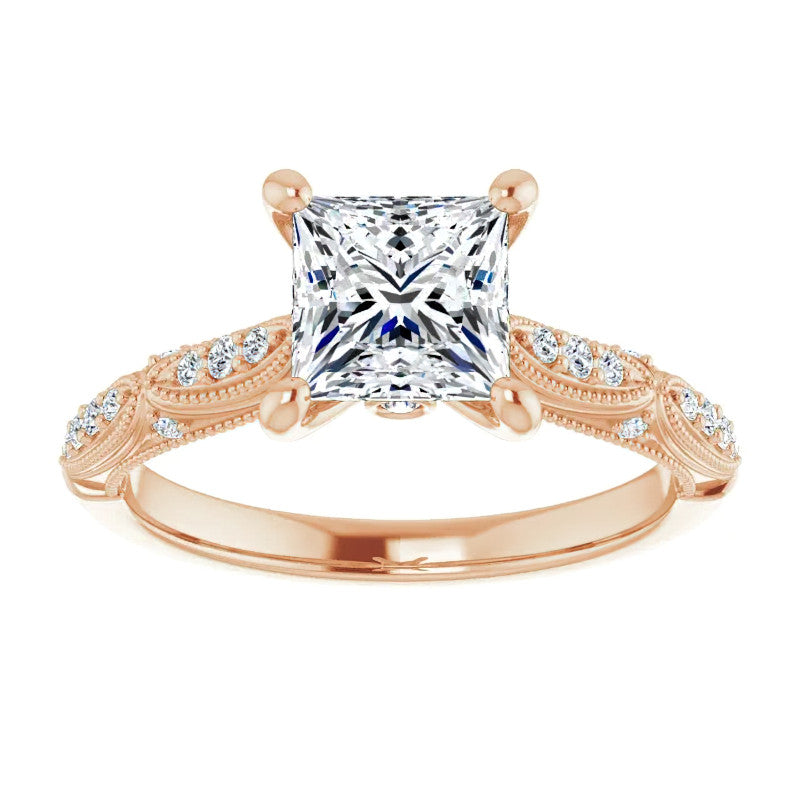 Princess Moissanite Scalloped Engagement Ring with Milgrain