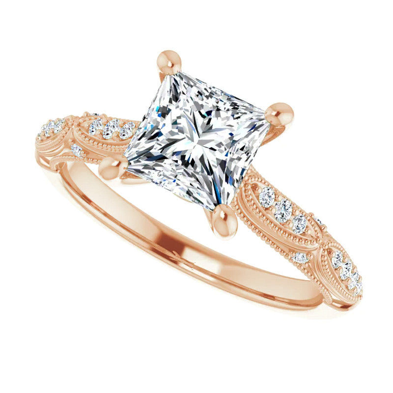 Princess Moissanite Scalloped Engagement Ring with Milgrain