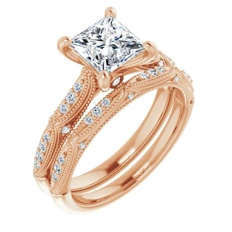 Princess Moissanite Scalloped Engagement Ring with Milgrain