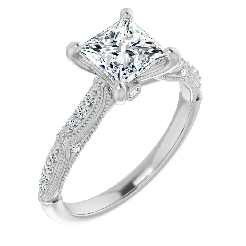 Princess Moissanite Scalloped Engagement Ring with Milgrain