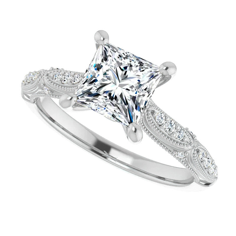 Princess Moissanite Scalloped Engagement Ring with Milgrain