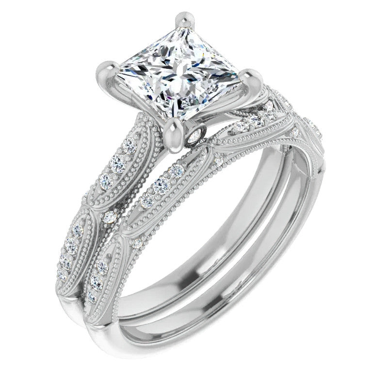 Princess Moissanite Scalloped Engagement Ring with Milgrain