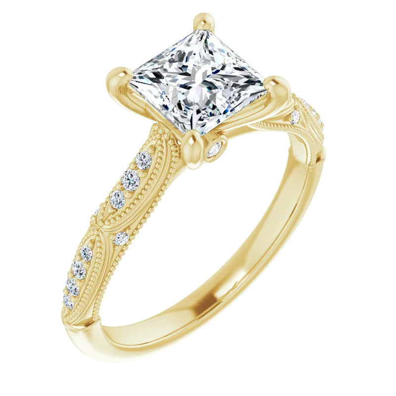Princess Moissanite Scalloped Engagement Ring with Milgrain