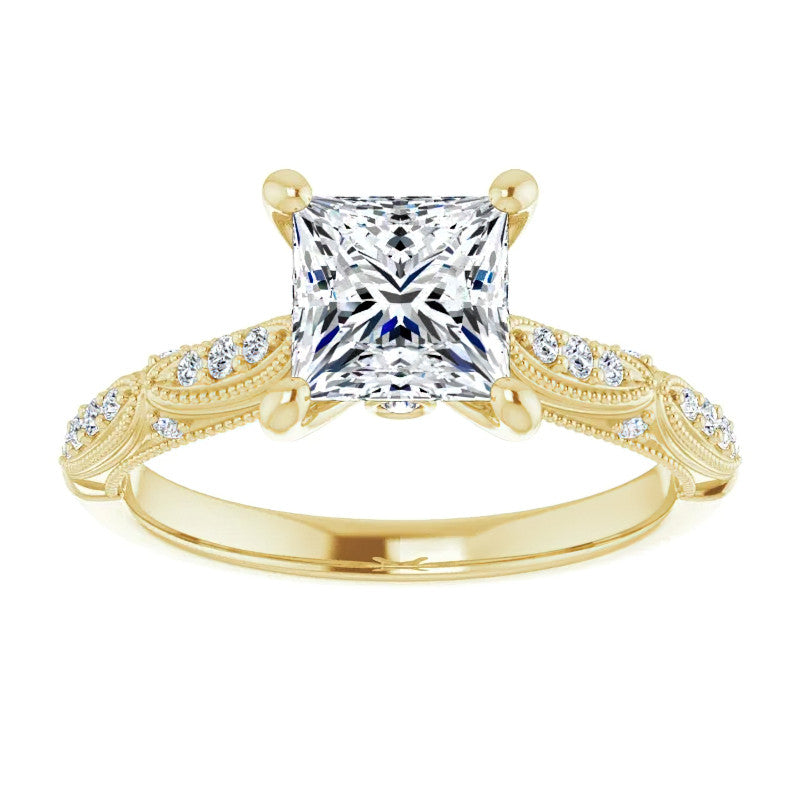 Princess Moissanite Scalloped Engagement Ring with Milgrain