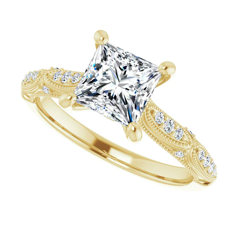 Princess Moissanite Scalloped Engagement Ring with Milgrain