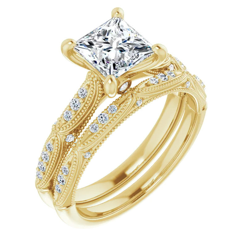 Princess Moissanite Scalloped Engagement Ring with Milgrain