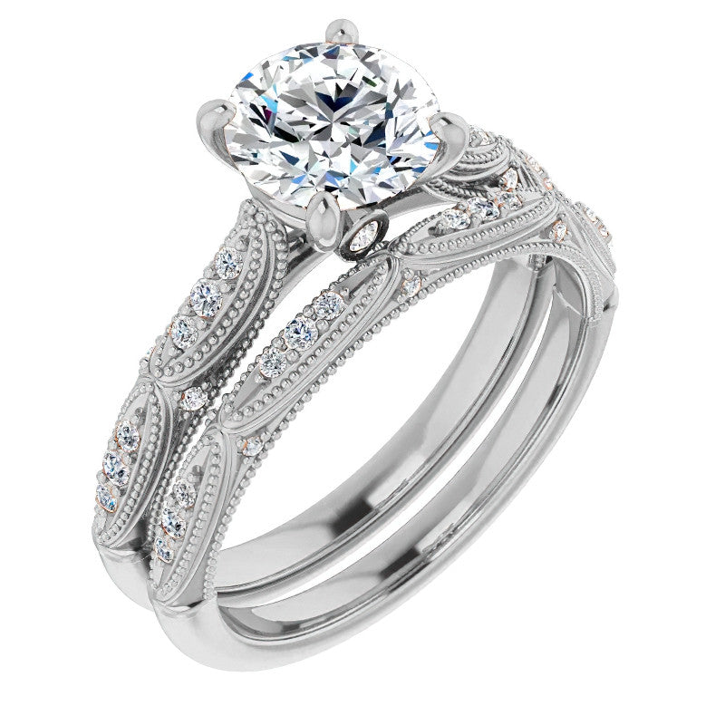 Round Scalloped Moissanite Engagement Ring With Milgrain