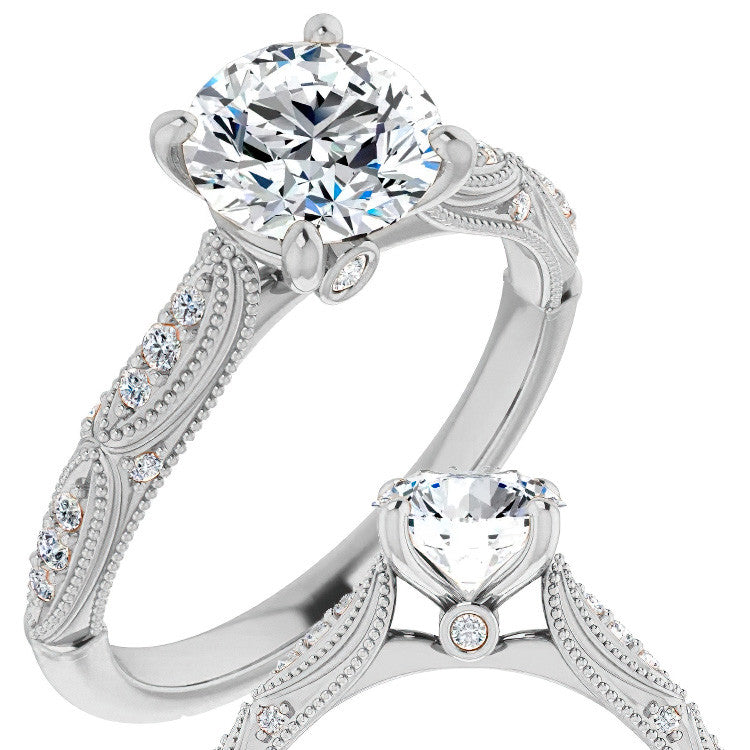 Round Scalloped Moissanite Engagement Ring With Milgrain