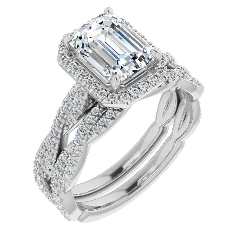 Emerald / Radiant Infinity Halo Cathedral Moissanite Engagement Ring