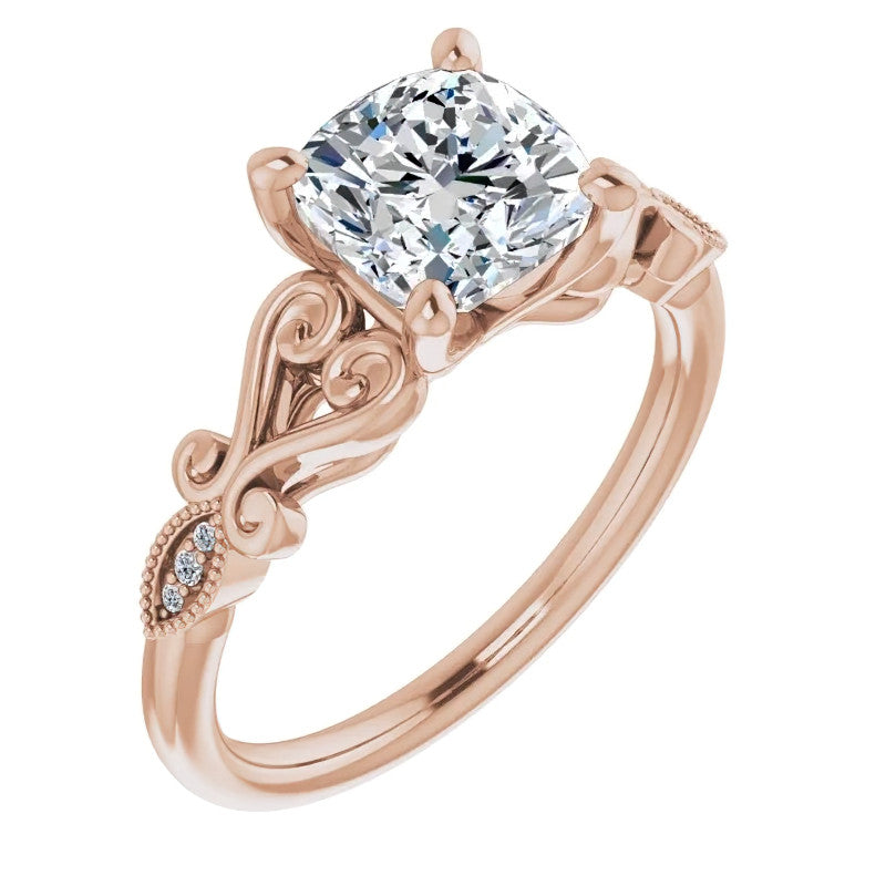 Cushion Scroll Accent Engagement Ring with Milgrain