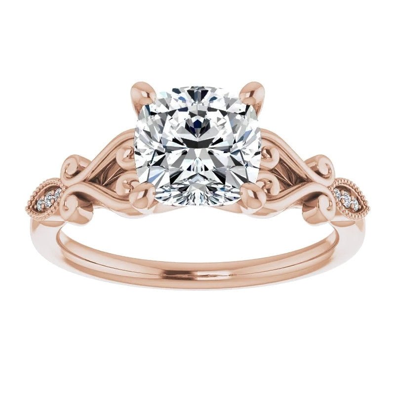 Cushion Scroll Accent Engagement Ring with Milgrain