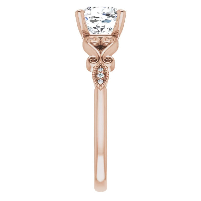 Cushion Scroll Accent Engagement Ring with Milgrain