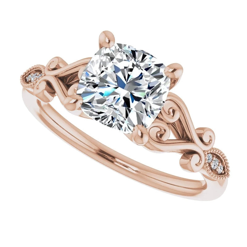 Cushion Scroll Accent Engagement Ring with Milgrain