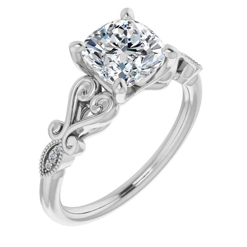 Cushion Scroll Accent Engagement Ring with Milgrain