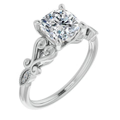 Cushion Scroll Accent Engagement Ring with Milgrain