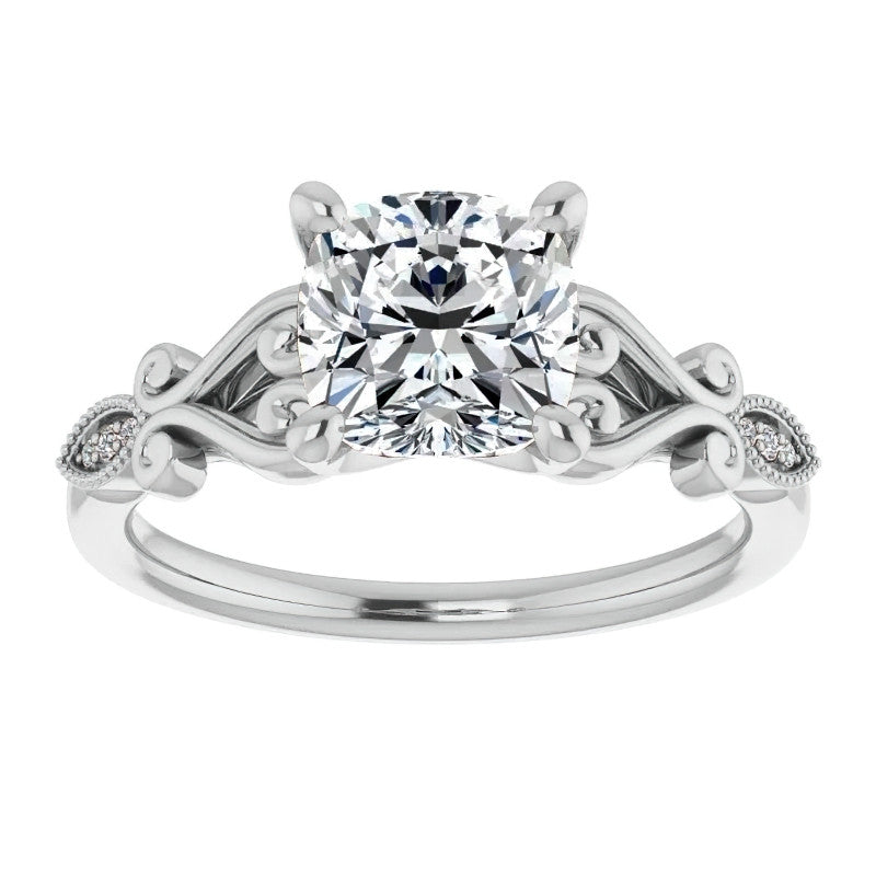 Cushion Scroll Accent Engagement Ring with Milgrain