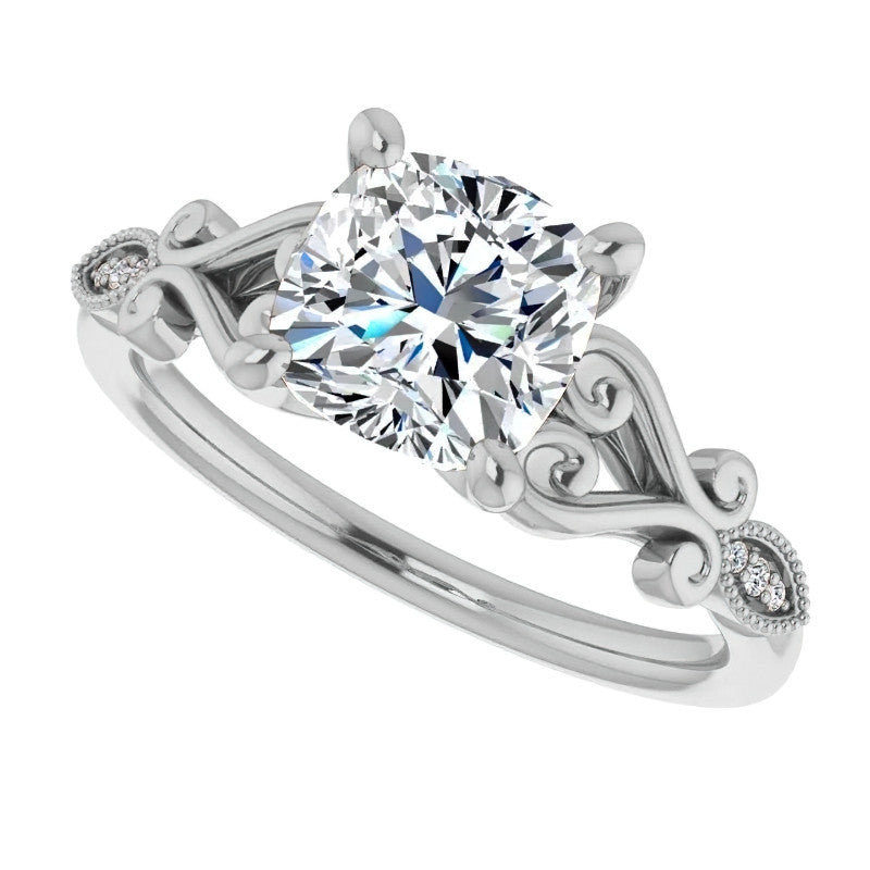 Cushion Scroll Accent Engagement Ring with Milgrain