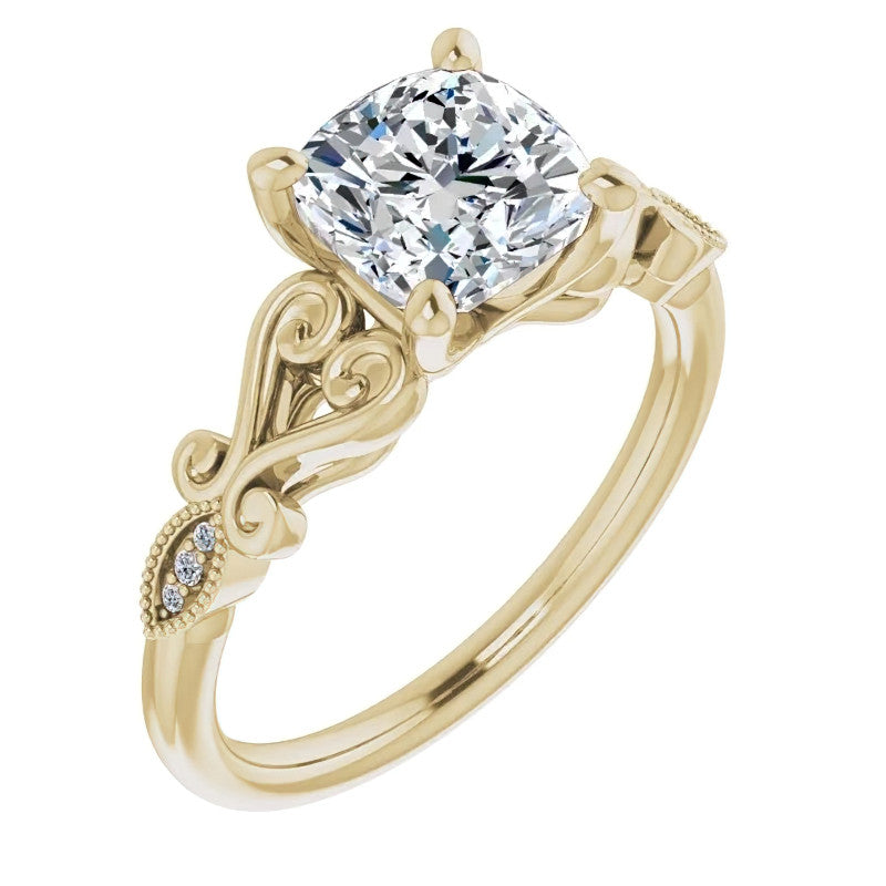 Cushion Scroll Accent Engagement Ring with Milgrain