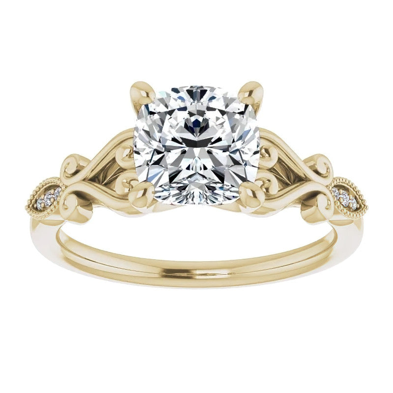Cushion Scroll Accent Engagement Ring with Milgrain