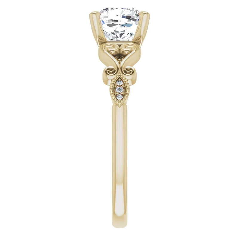 Cushion Scroll Accent Engagement Ring with Milgrain