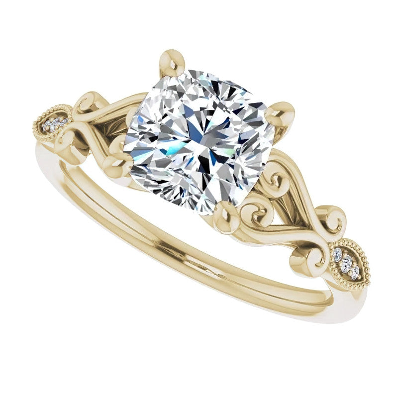 Cushion Scroll Accent Engagement Ring with Milgrain