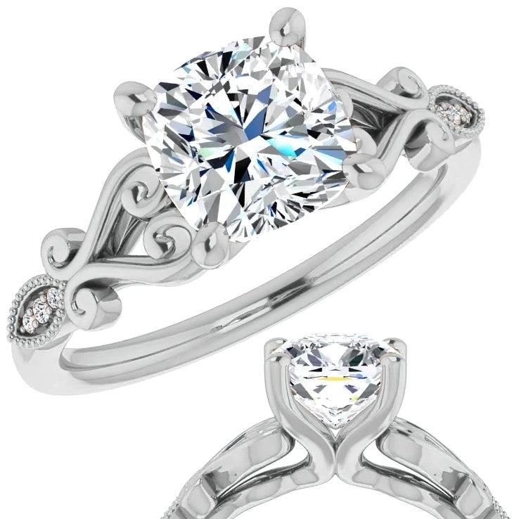 Cushion Scroll Accent Engagement Ring with Milgrain