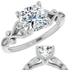 Cushion Scroll Accent Engagement Ring with Milgrain