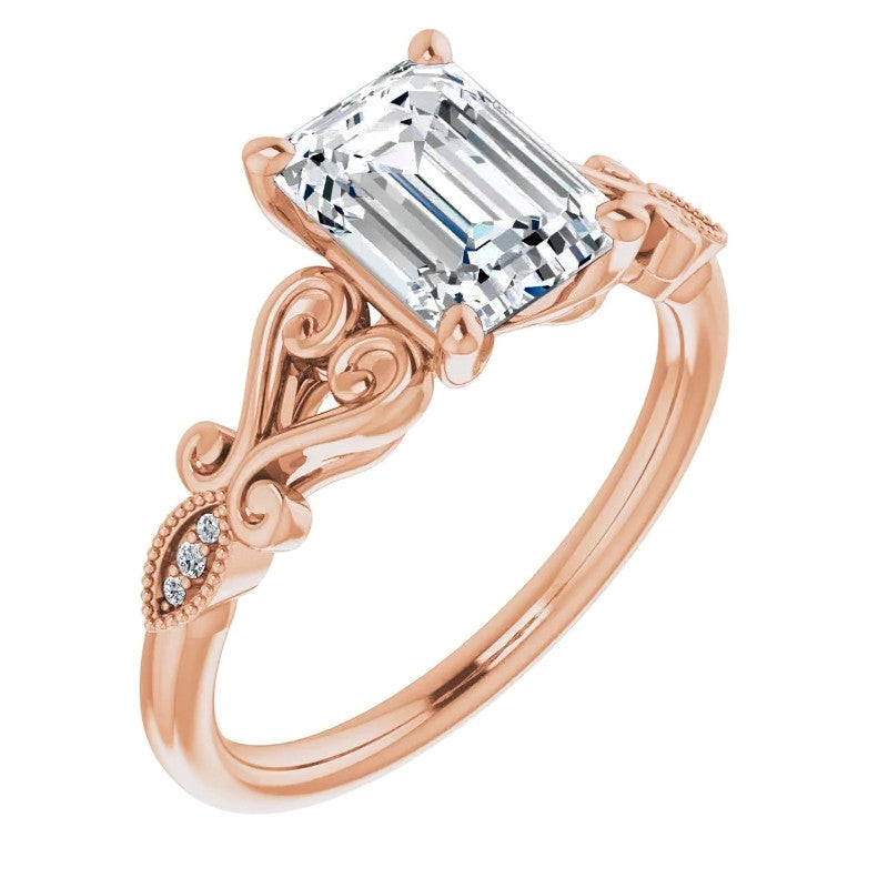 Emerald / Radiant Antique Scroll Engagement Ring
