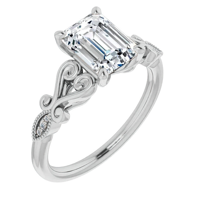 Emerald / Radiant Antique Scroll Engagement Ring