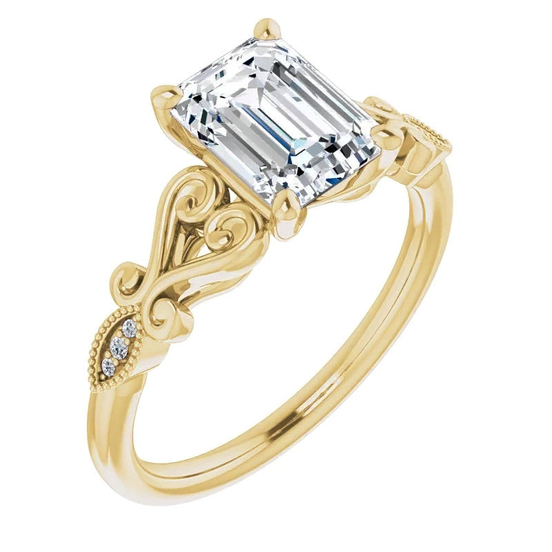 Emerald / Radiant Antique Scroll Engagement Ring