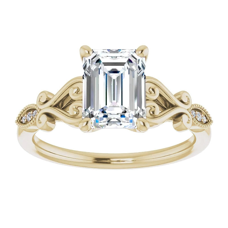 Emerald / Radiant Antique Scroll Engagement Ring
